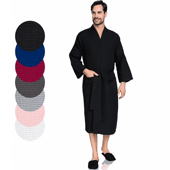 Lotus Linen Lightweight Waffle Robe for Men - Lightweight Cotton Blend Spa Bathrobe, Black Small