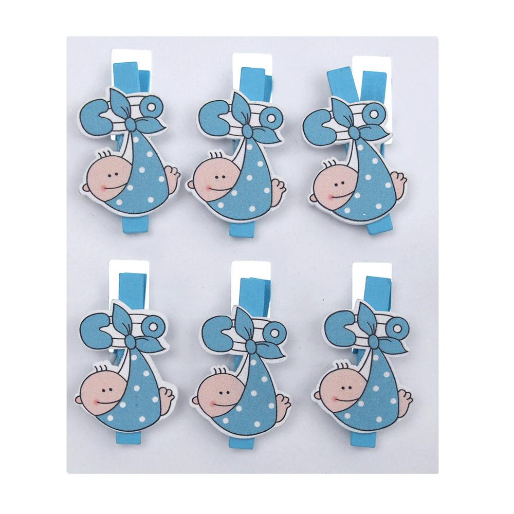 Baby with Safety Pin Wooden Clothespins Favors, 2Inch, 6Piece, Blue