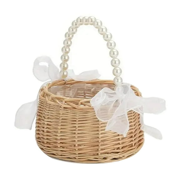 MarinaVida Flower Girl Basket with Pearl Handle, Wedding Flower Basket Rattan Wicker Basket with White Ribbon Handwoven Storage Basket Decorative Basket for Home Decor Picnic