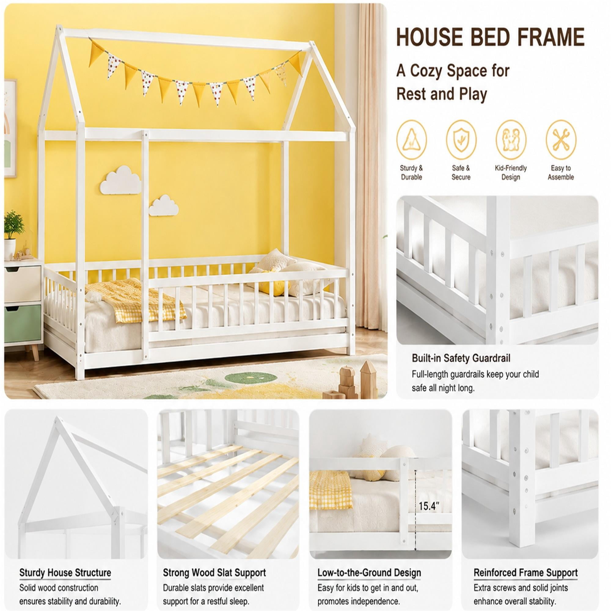 HOQBN Twin Size Floor Bed with House Roof Frame, Pine Wood Kids Floor Bed Frame with High Fence Guardrails for Children Bedroom White