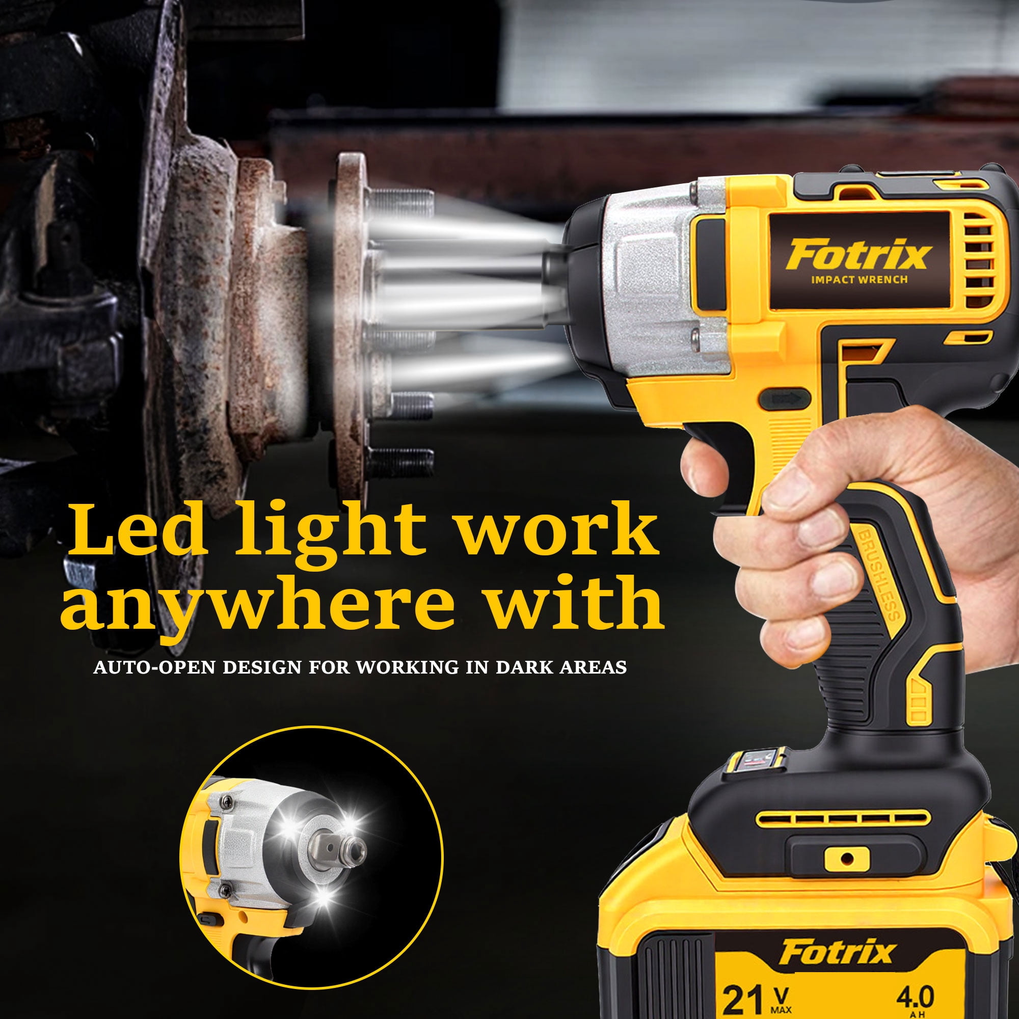 Fotrix 21V Brushless 1/2" Impact Wrench Kit, 3-in-1 Heavy Duty Drill & Driver, 1 x 4.0Ah batteries Suitable For Home Repair, Cordless Impact Gun for Auto Repair