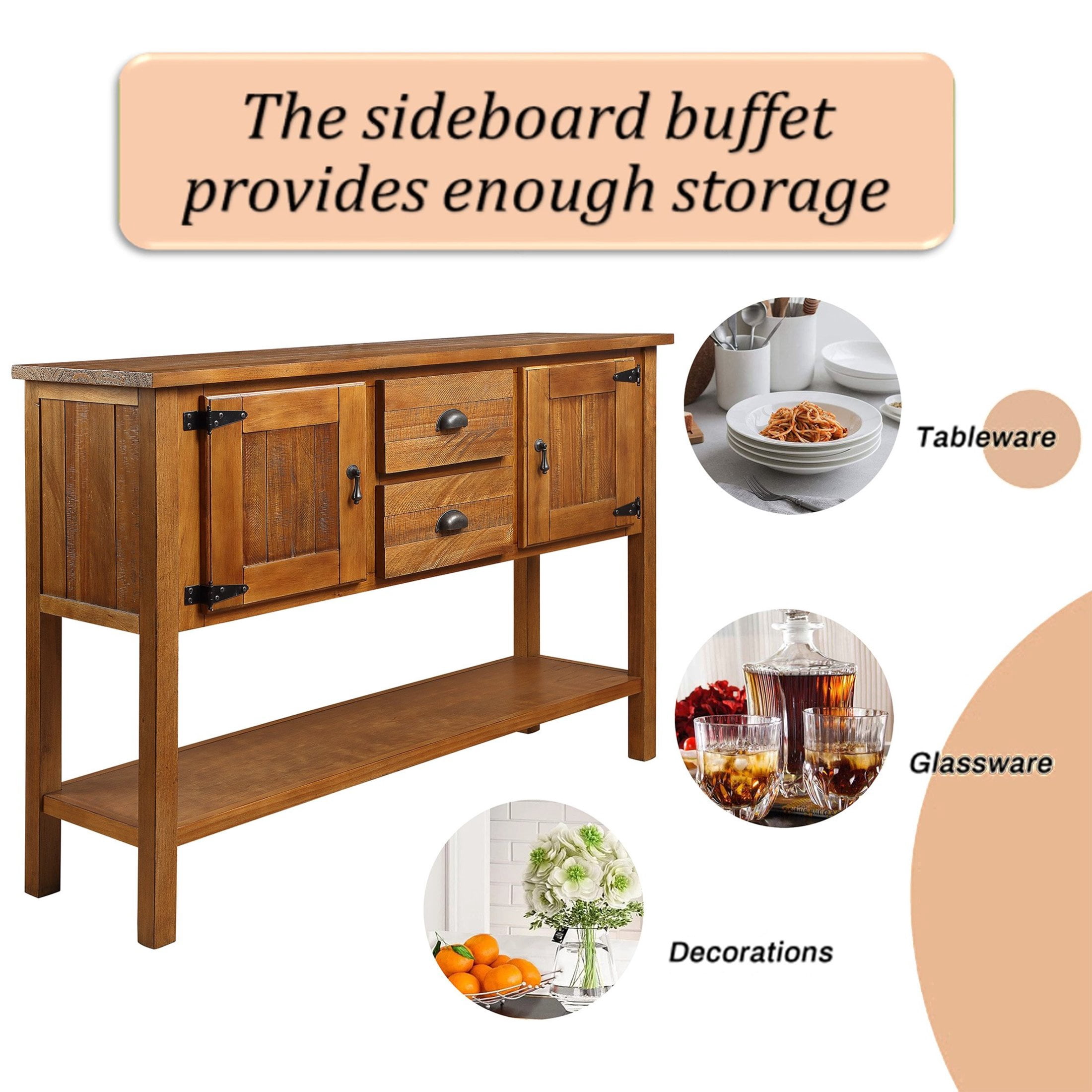 Noble House Warren Modern Entryway Console Table, Pine Wood Frame with Drawers, Cabinets and Shelf, Brown