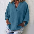 thumbnail image 2 of Womens V Neck Shirts Linen Cotton Long Sleeve Blouse Tunic Tops Cover Up Shirt Loose Beach Bikini Dress Blue M, 2 of 6