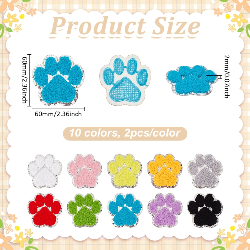20Pcs 10 Colors Computerized Embroidery Cloth Iron on/Sew on Patches Costume Accessories Paw Print with Sequin Mixed Color 60x60x2mm 2pcs/color