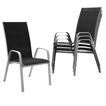 JUSTLET Patio Dining Chairs Set of 4  Outdoor Stackable Armrest Chairs Space Saving  Black