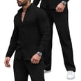 thumbnail image 4 of Men's 2 Piece Vertical Striped Textured Outfits Summer Casual Long Sleeve Button Down Shirts and Pants Matching Sets Black, 4 of 8