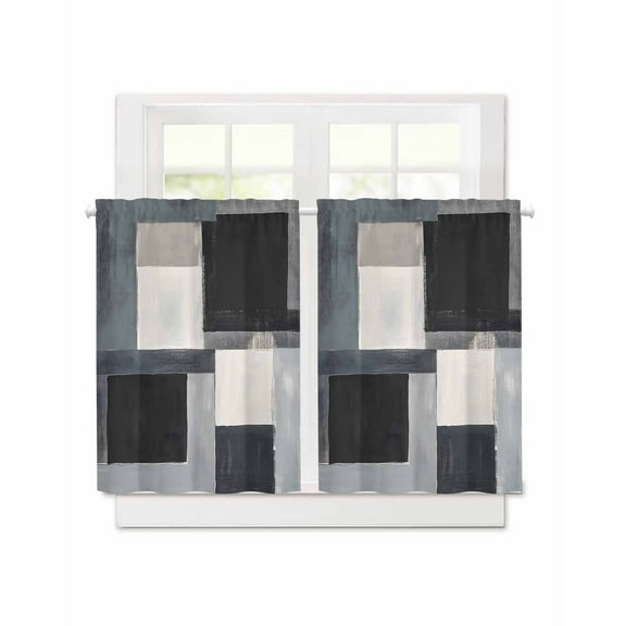Black Grey Short Blackout Curtains 45 Inch Long Modern Abstract Art Geometric Rod Pocket Kitchen Curtains, 2 Panels Thermal Insulated Room Darkening Drapes for Bedroom, 30"W x 45"L