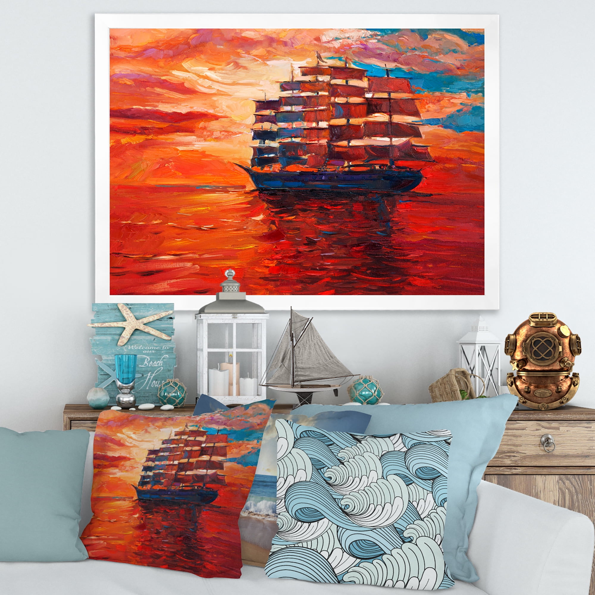 Frigate During Red Evening Glow On The Ocean Horizon 40 in x 30 in Framed Painting Canvas Art Print, by Designart