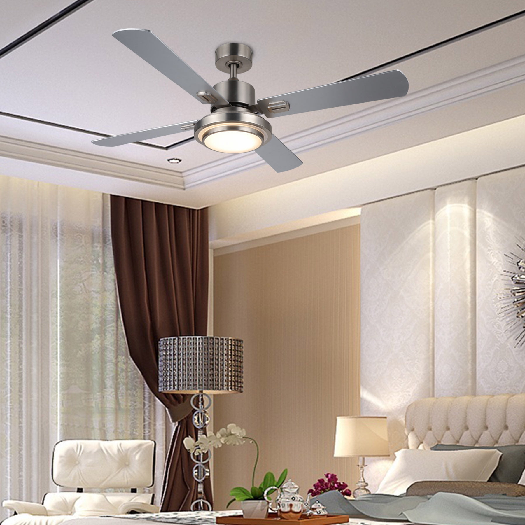 52" Low Profile Brushed Nickel Ceiling Fan with Light & Remote UL Listed 
