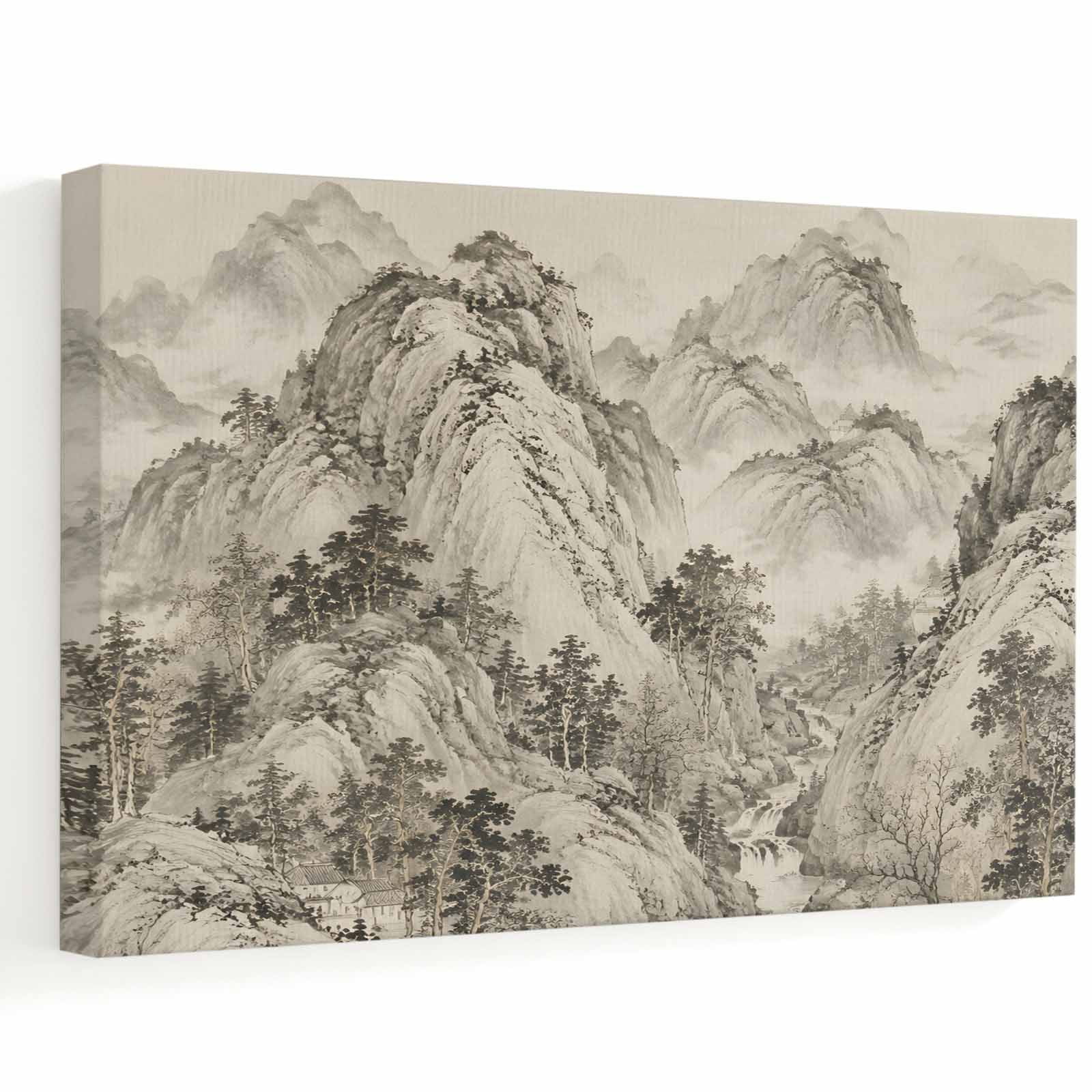Mountain River Canvas Wall Art Vintage Zen Ink Wash Gray Mist Peak Landscape Wooden‑Stretched Canvas Print Artwork Home Wall Decor for Living Room Bedroom Office 28 Lx22 W