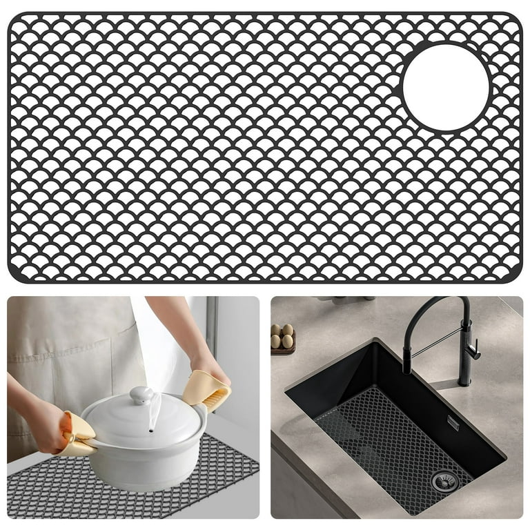 Large Silicone Sink Protector Mat - 28.4" X 15", Right Side Drain Hole, Heat Resistant & Non-Slip
