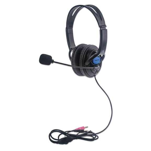Manhattan Stereo Headset Lightweight Over-Ear Design, Two 3.5 mm Plugs, Built-in Adjustable Microphone, Black
