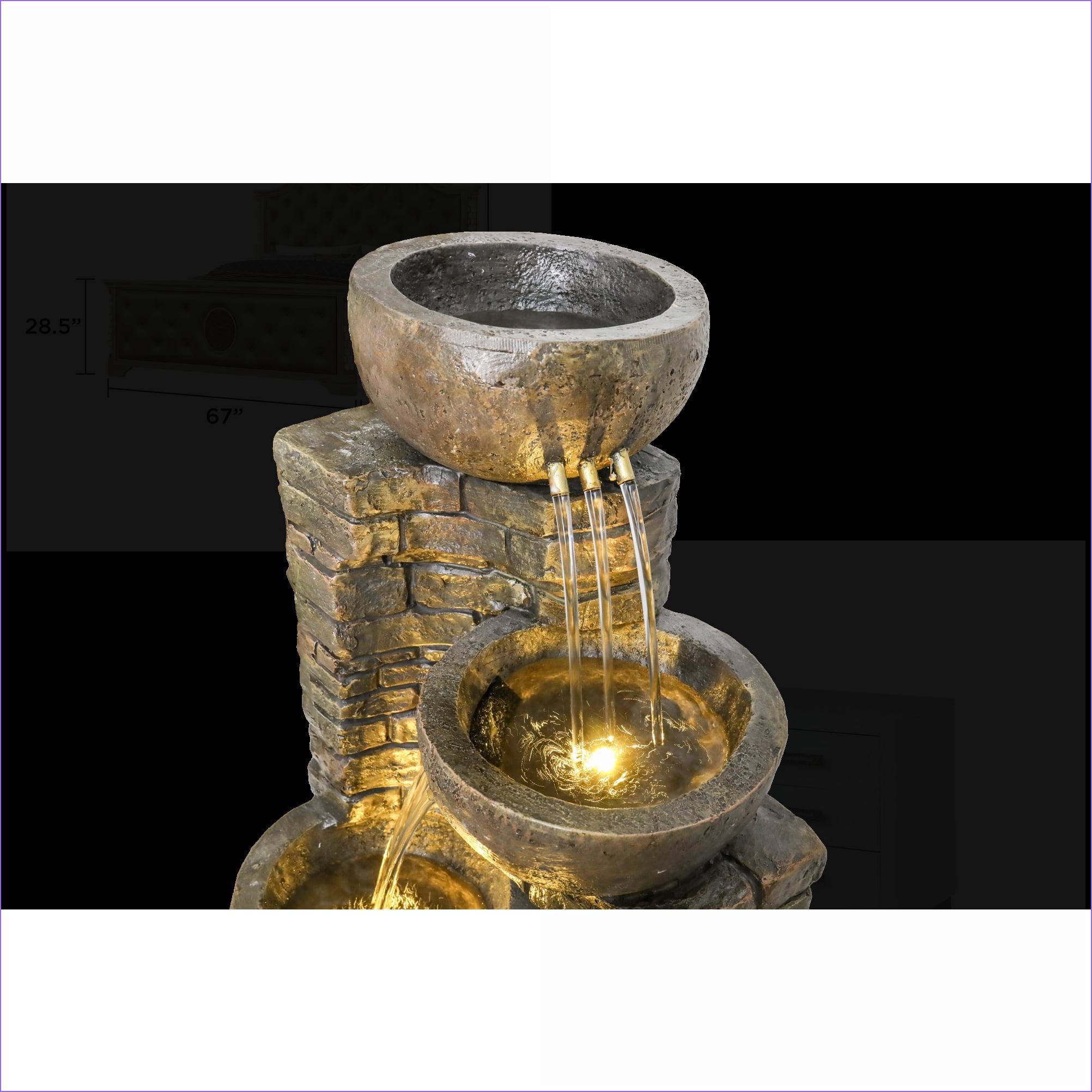 Fountains Outdoor Garden Patio 38.2"H Stacking Bowl Fountain with LED Lights | Fuente | Jardín | Exterior | Resin | Tiered Waterfall