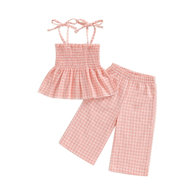 Conjunto de verano para niña pequeña: top sin mangas fruncido con tirantes finos y estampado a cuadros, y pantalones holgados (2 piezas).