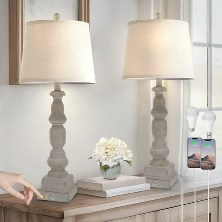 Condition photo showing Good Condition for Tnuyoah 28 Farmhouse Table Lamps Set of 2 - Rustic Bedside Lamp with 2 USB Ports 3-Way Dimmable Touch Nightstand Lamp Gray Resin Desk Lamp with Beige Linen Shade for Bedroom Living Room