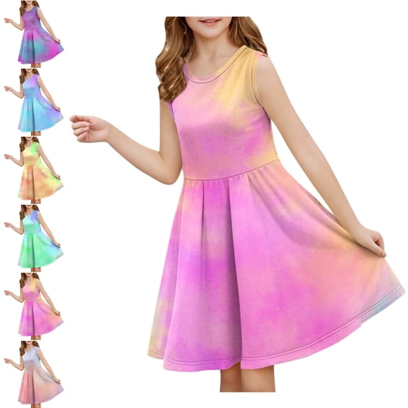 SGFCWSX Girls Sleeveless Dress A-Line Tie Dye Gradient Casual Crew Neck Summer Dresses for Kids Pink Size 9-10 Years