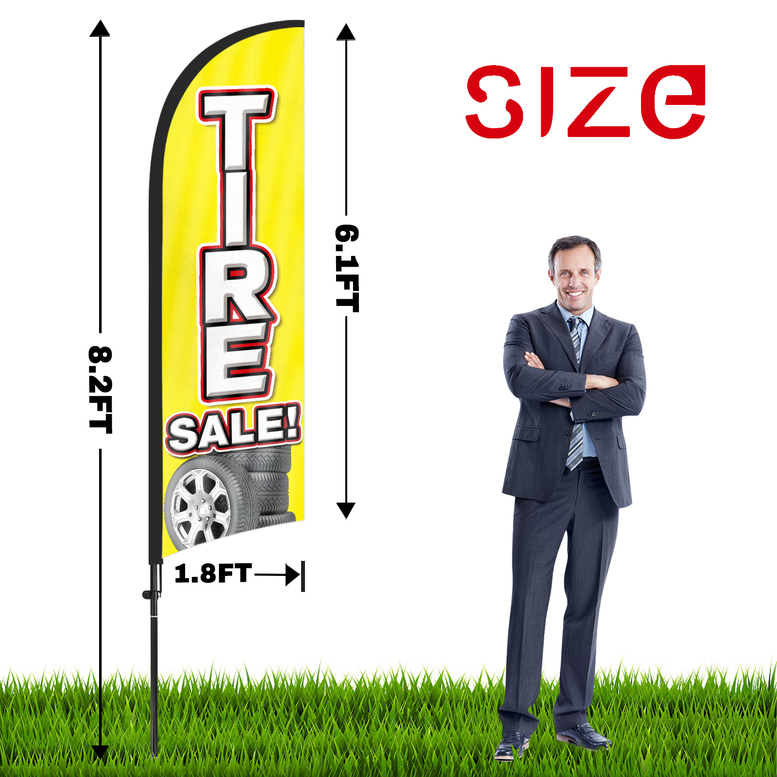 QSUM Tire Sale Advertising Swooper Flag Sign, Tire Sale Feather Flag Pole Kit with Ground Spike, 8.2Ft Advertising Feather Banner Sign for Tire Sale Business