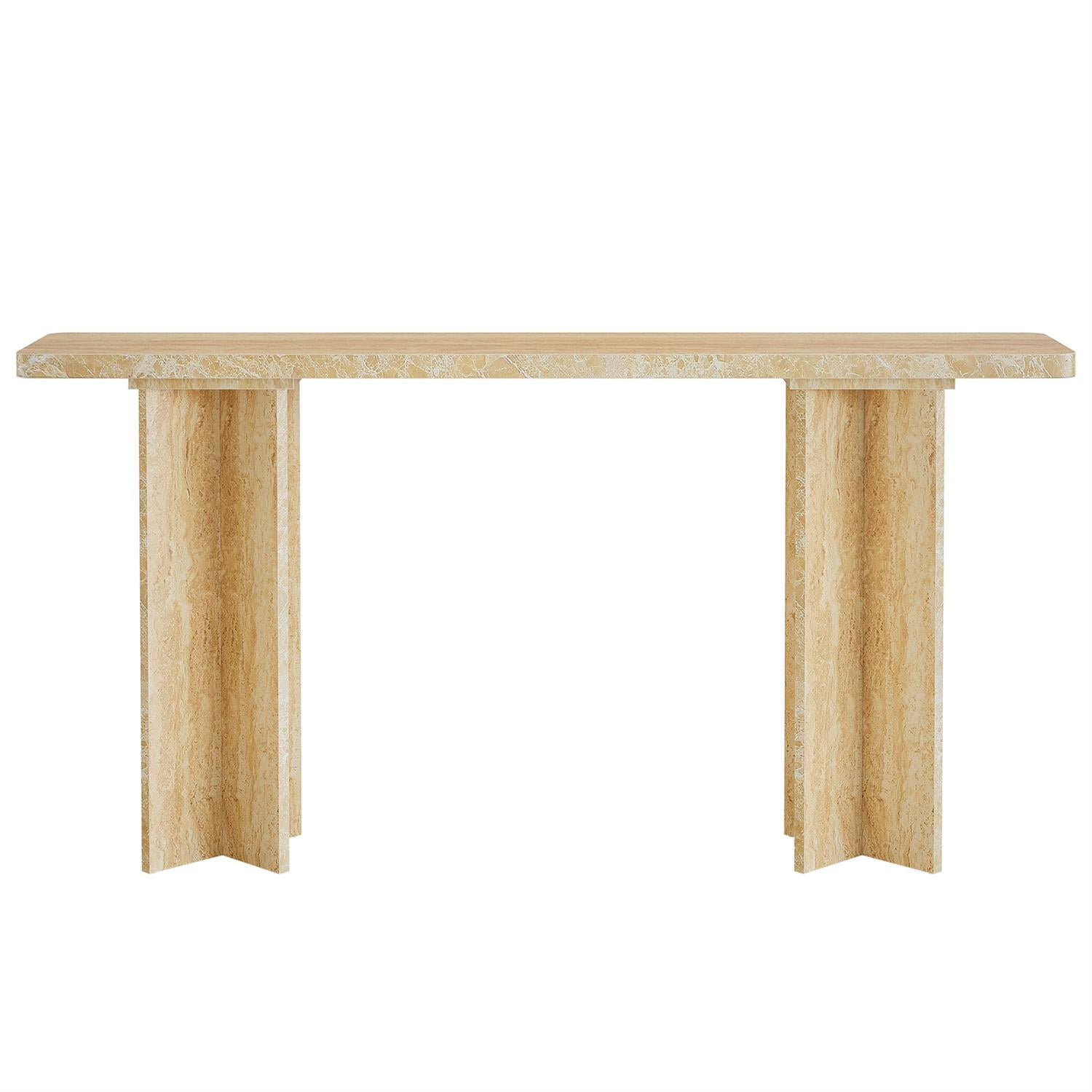 Demi Bonn 62" Modern Wooden End Table, Geometric Base, Sleek Console Table for Living Room, Brown