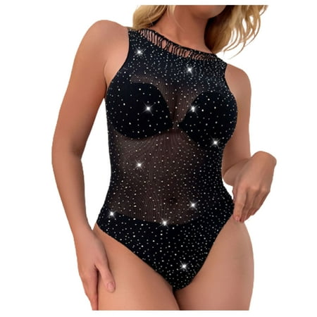 

Fesfesfes Lingerie For Women Fishnet Erotic Lingerie Rhinestones Mesh Bodysuit Sleeveless Jumpsuit Outfit