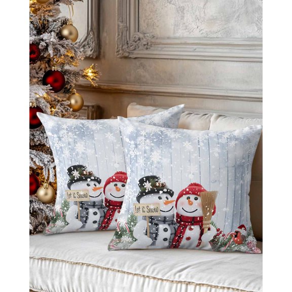 Christmas Decorative Throw Pillow Covers 20x20 Inch Set of 2 Snowman Pillow Cases for Couch, Christmas Snowflake Wood Grain Cushion Case for Living Room Bedroom Bed Car Chair