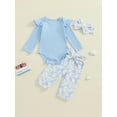 thumbnail image 3 of Musuos 3-Piece Baby Girls Fall Basic Set 3M 6M 12M 18M Long Sleeve Round Neck Ruffled Ribbed Romper Daisy Print Long Trousers Hair Band Outfits, 3 of 10