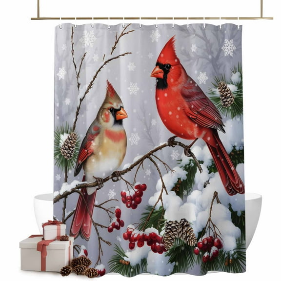 Christmas Bird Bathroom Shower Curtain Winter Red Cardinal on Tree Nature Snow Scene Waterproof Washable Shower Curtains for Bathtub Bath Decor with Grommets and Hook 54 X 78 Inch