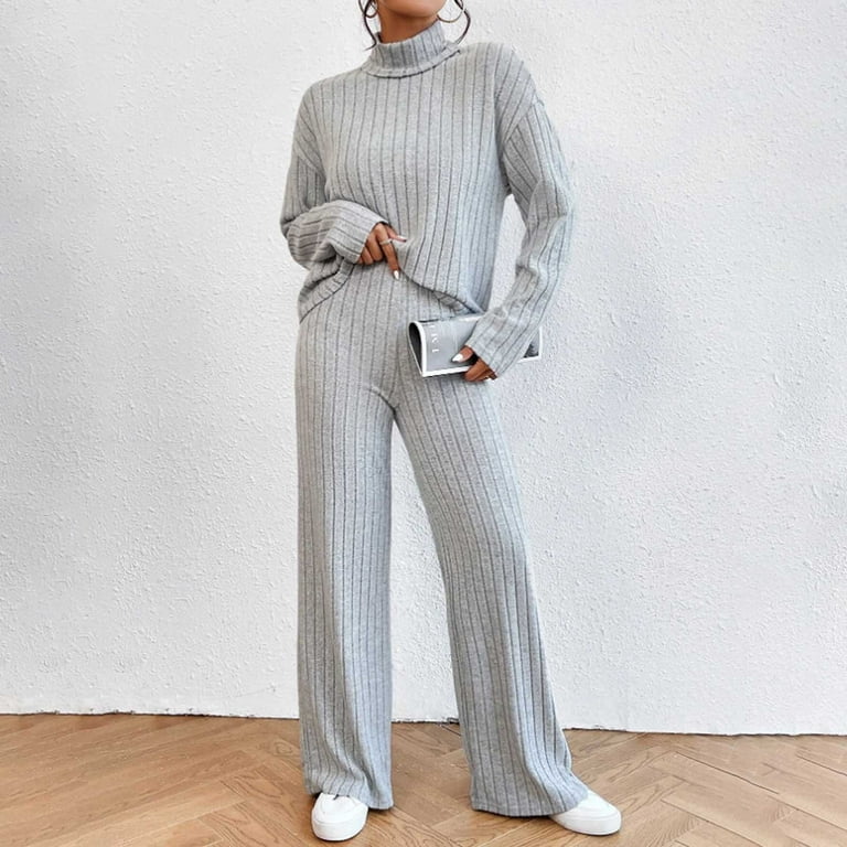 Posijego Womens 2 Piece Outfit Knit Sweater Set High Neck Long Sleeve Warm  Top Wide Leg Pants Lounge Suit 