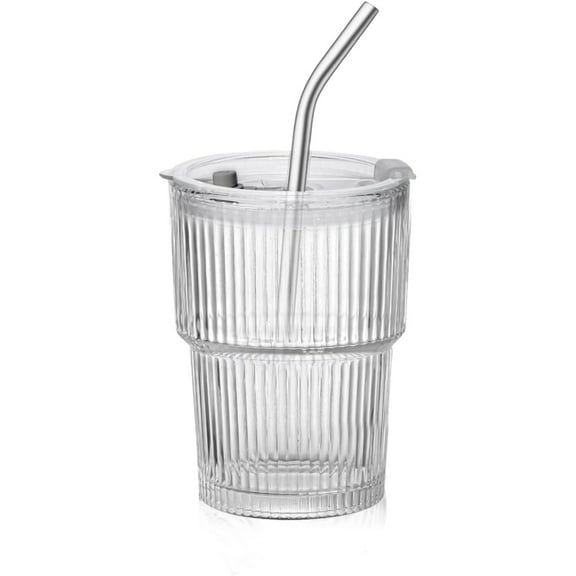 GoXteam 15oz Drinking Glass with Straw Lid Vertical Stripes Ribbed Iced Coffee Mugs Vintage Glass Cup for Tea Juice Soda Smoothie