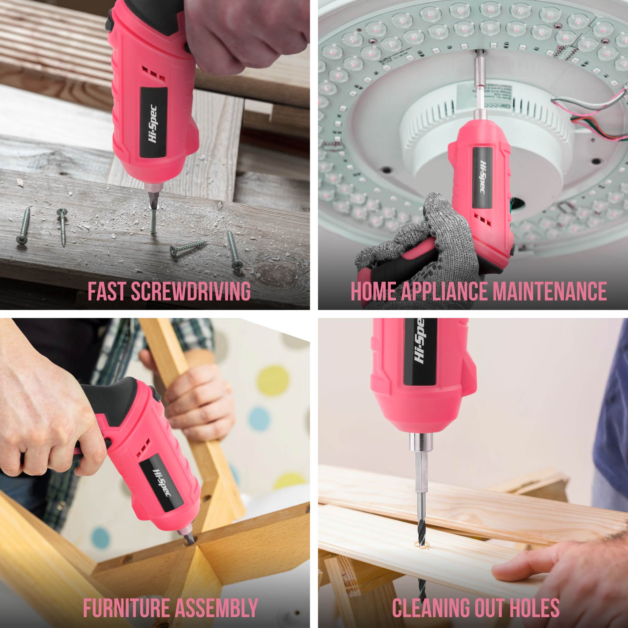 Hi-Spec 42pc Pink 4V USB Electric Power Driver & Household Womens Tool Kit. Cordless Power Screwdriver and Hand Tools in a Compact Box Case