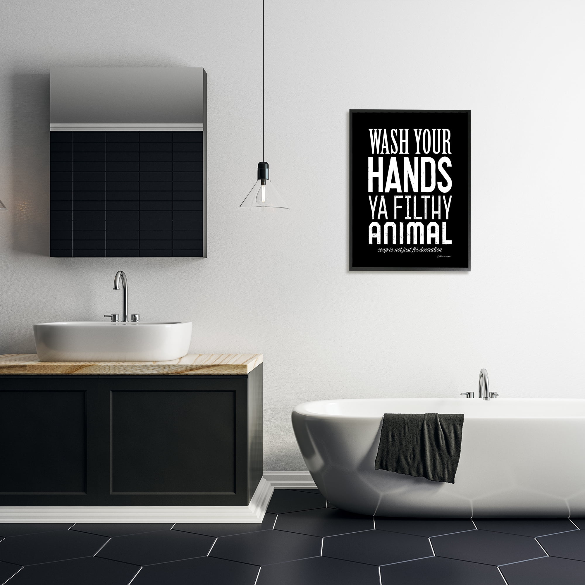 The Stupell Home Decor Collection Wash Your Hands Ya Filthy Animal Black and White Bold Typography Black Framed Giclee Texturized Art