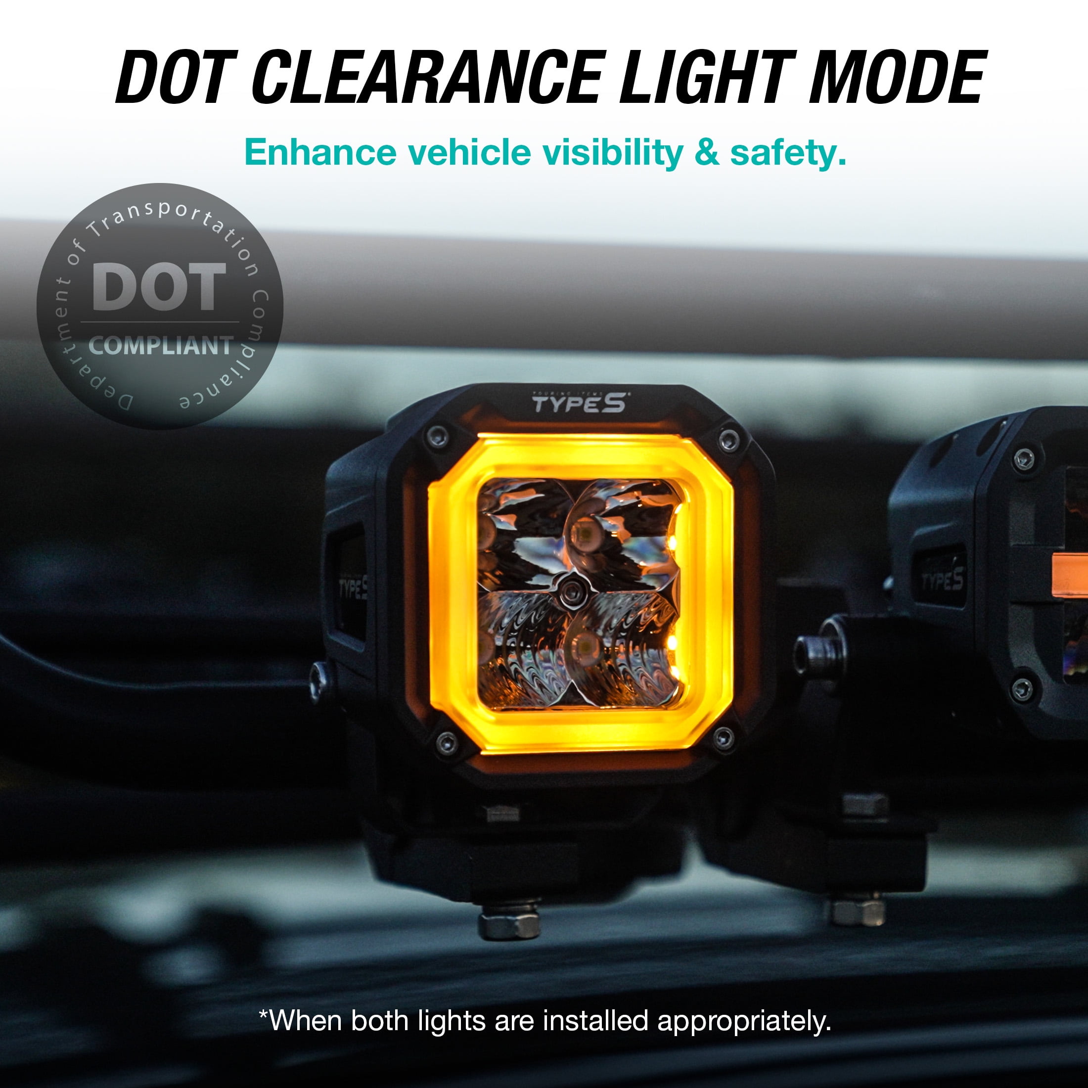 TYPE S Elevate - 4 Inch Flood Beam Cube Pod Light With Amber Accent Light - DOT Compliant - 2660 Raw Lumens, Waterproof, Die-cast, Off Road Lights, Truck, Jeep, UTV, ATV, SUV, 1 Pack