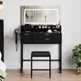 thumbnail image 1 of Ensemble de Coiffeuse Cannelée avec Grand Miroir Éclairé à Commande Tactile et Tabouret, Prise de Courant Intégrée, 3 Tiroirs et 3 Étagères de Rangement, Coiffeuse Moderne pour Chambre, Noir, 1 of 6