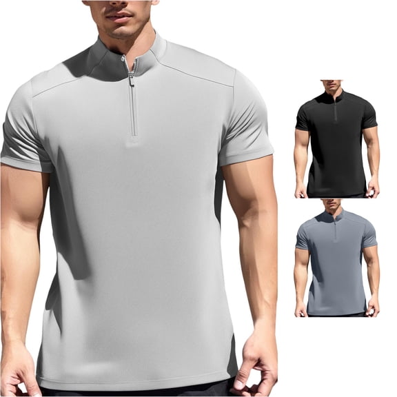 ZXLBBD Mens T Shirts Half Zip High Elasticity Workout Shirts Short Sleeve Running Gym Solid Color Stretchy T Shirts for Man Casual,White,XL