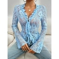 thumbnail image 6 of Lace Tops for Women Long Sleeve See Through Sheer Mesh Crop Top Shirt Open Front Tie Blouse Ruffle Blue L, 6 of 8