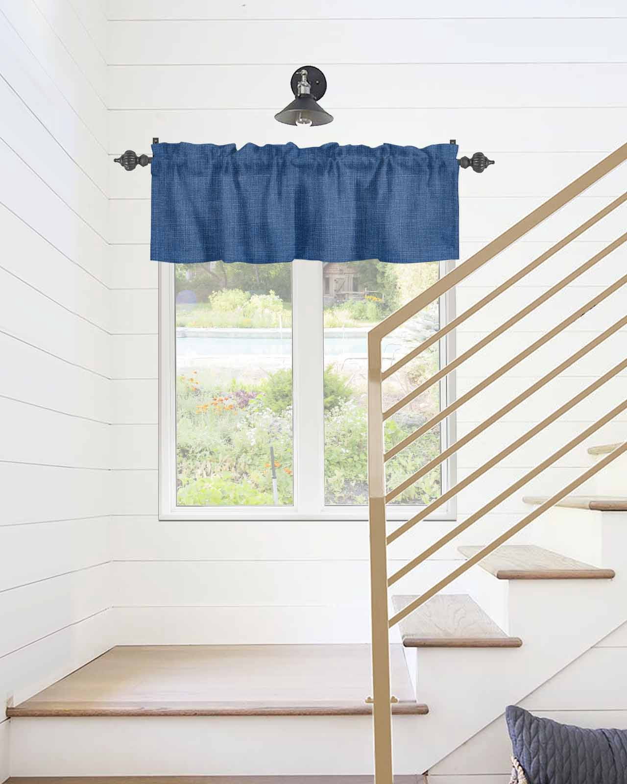 Kitchen Curtain Valances for Windows,Retro Farm Linen Flax Rod Pocket Small Valance Blue Solid Color Ocean Short Window Treatment for Bedroom Bathroom Living Room,54"x18"