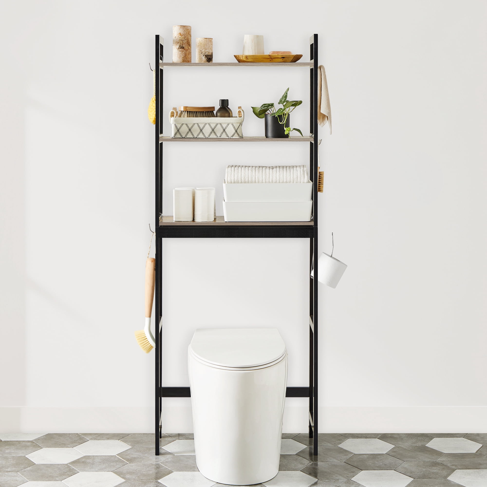 SONGMICS Over-The-Toilet Storage, 3-Tier Bathroom Organizer Over Toilet with Adjustable Shelves, Hooks, Bamboo, Freestanding Space Saver Bathroom Shelves, Heather Greige and Ink Black