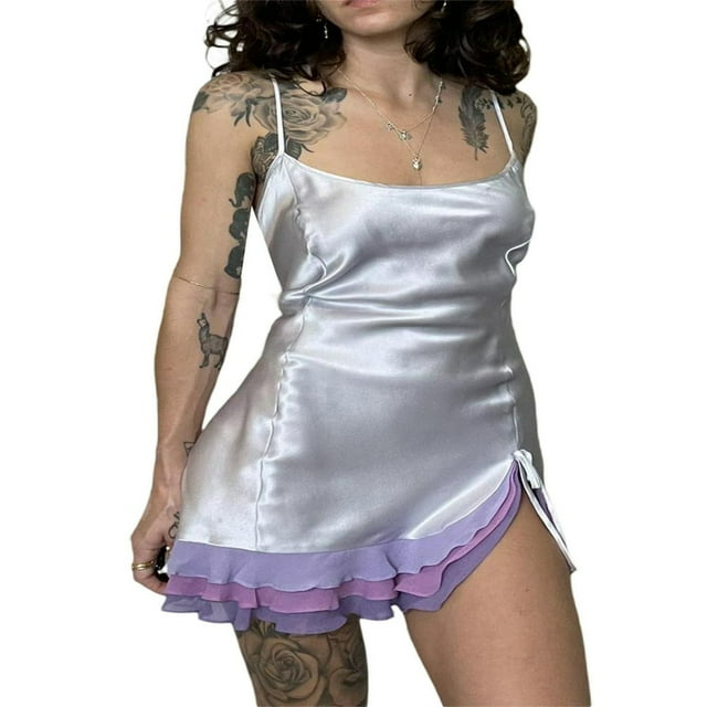 Robe de Nuit Sans Manches Tie-up Dos Contraste Couleur Ourlet Mini Robe