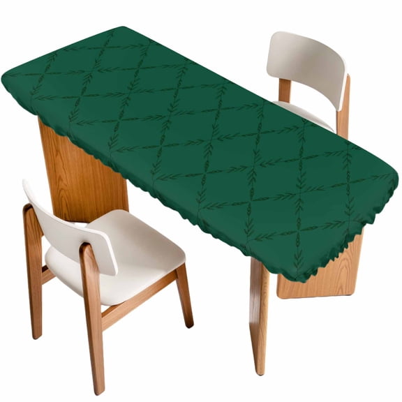 Dark Green Plaid Table Cloths for 8 Foot Rectangle Tables, Country Vintage Abstract Striped Lattice Patio Waterproof Elastic Fitted Tablecloths, Washable Rectangular Table Cover for Camping
