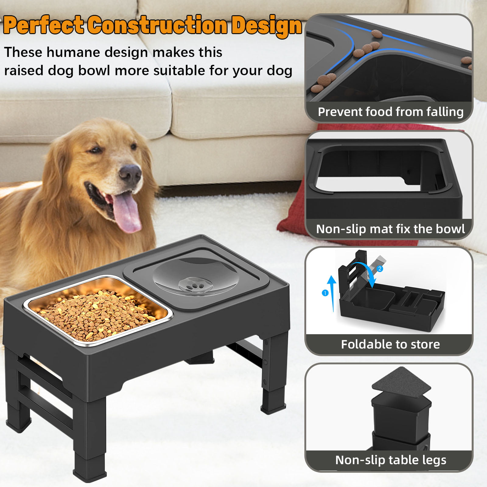 MAMI&BABI Elevated Dog Bowls, 3 Adjustable Heights Raised Dog Food Bowl  Feeding Stand for Large Dogs, Non-Slip Slow Feeder and Deep Water Bowl  Station