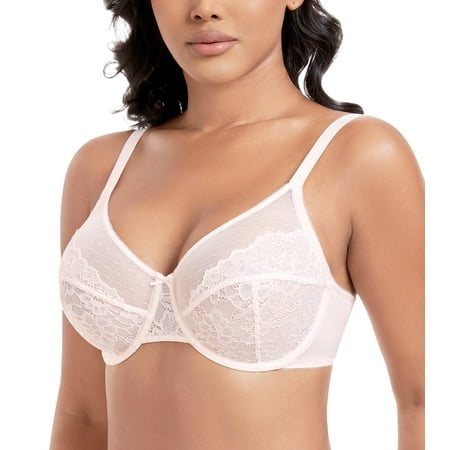 Exerin Women s Plus Size Sexy Lace Full Coverage Unpadded Underwire Bras Minimizer Mesh Bra(34C Pink)