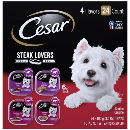 (24 Pack) CESAR Wet Dog Food Steak Lovers Variety Pack with Real Meat, 3.5 oz. Easy Peel