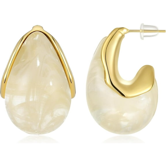 Acrylic Teardrop Earrings for Women, 14K Gold Plated Resin Chunky Hoop Earrings, Lightweight Hollow Open Drop Hoops Translucent Hypoallergenic Vintage Fashion Jewelry Gifts