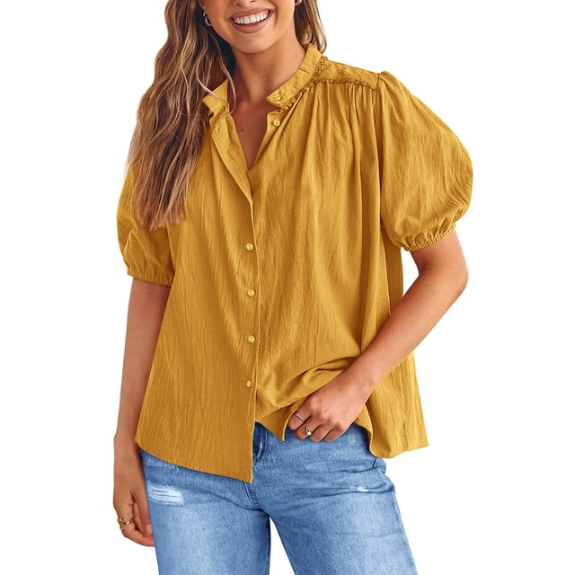 Camisa PRETTYGARDEN de algodón con botones color cúrcuma XXL