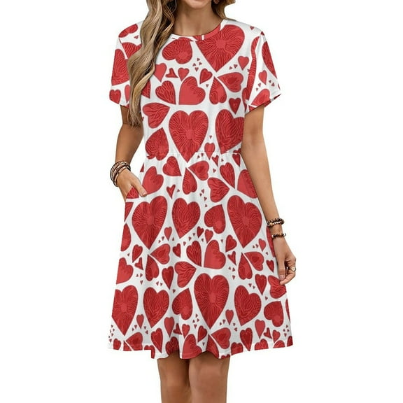 Valentines Day Hand Drawn Red Hearts Dress Fashion Beach Short Sleeve Dresses Female Party Printed Sundress