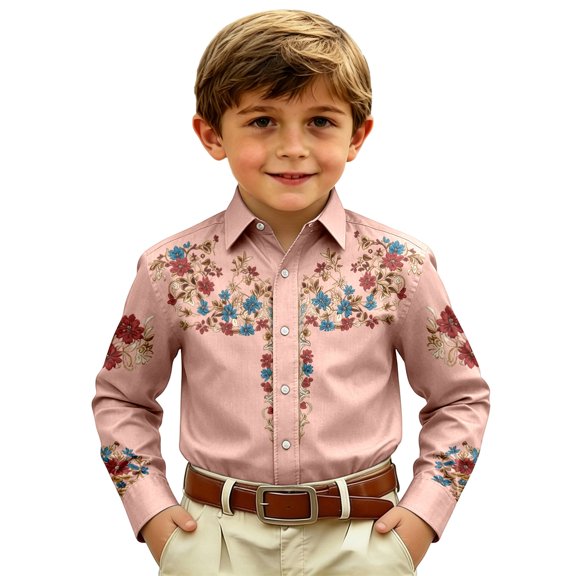 FINALGANG Boys Western Cowboy Shirt Kids Long Sleeve Shirts Printed Regular Fit Dress Shirt Boys' Button Down Shirts Western Festival Party Tops 10-11 Years