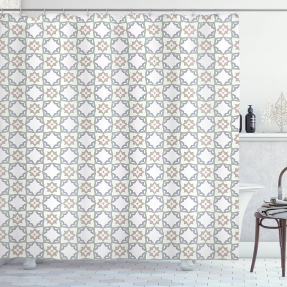 Pastel Shower Curtain, Artwork of Ornamental Tile Inspired Shapes Oriental Structure, Fabric Bathroom Set with Hooks, 69W X 84L Inches Extra Long, Pale Green and Lavender Blue, by Ambesonne