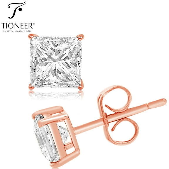 Sterling Silver 925 Rose Gold Plated Brilliant Round / Square Cut Clear Cubic Zirconia Ear Stud Earrings