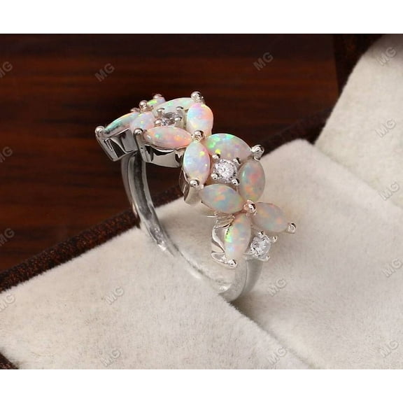 Maquise Cut White Opal Ring Sterling Silver Vintage Fire Opal Moissanite Wedding Bridal Marquise Ring October Birthstone Jewelry Gift for Women
