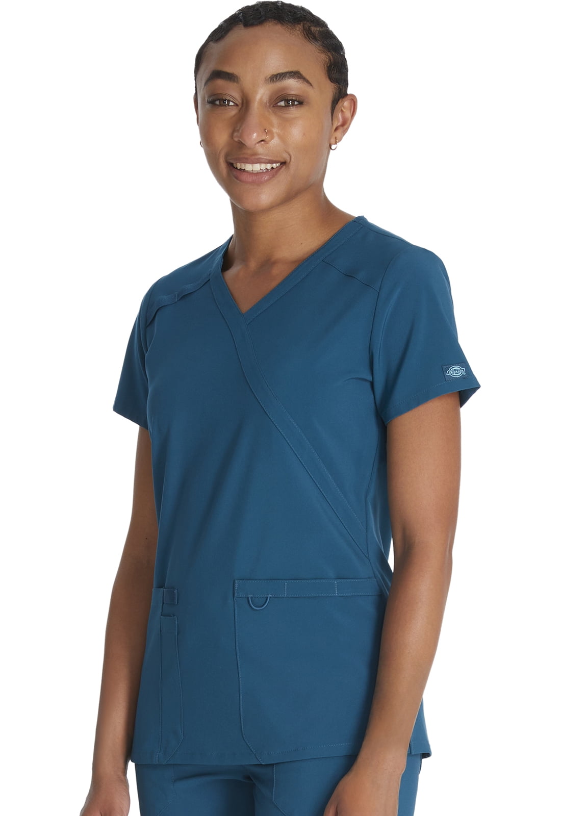Dickies EDS Essentials Scrubs Top for Women Mock Wrap DK625, XL, Caribbean Blue