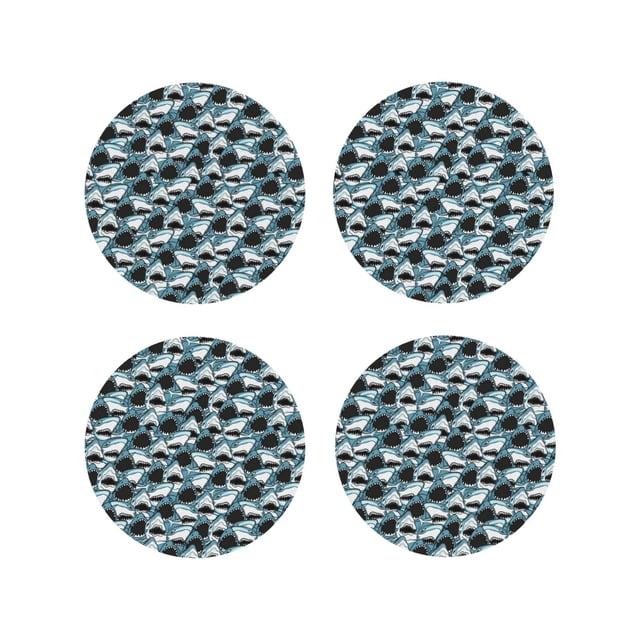 Vsdgher Angry Shark Print Leather Coasters for Drinks, Durable Drink Coasters 4 Set for Tabletop Protection, Luxurious Home Décor and Housewarming Gift-Round Shape